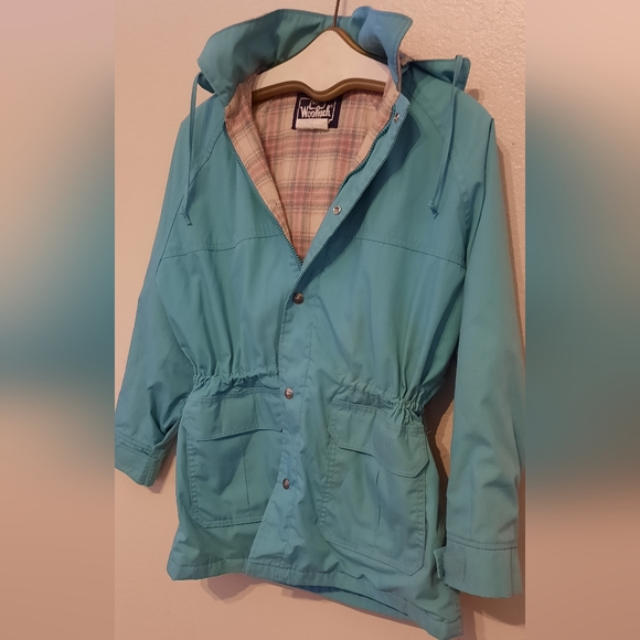Woolrich Womens Teal Jacket, Pink Plaid Wool Lining Adjustable Waist Size Medium - Picture 1 of 7
